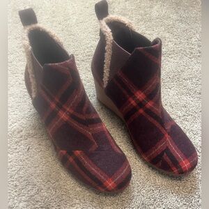 Toms Red and Black Plaid Ankle Boots with Faux Fur